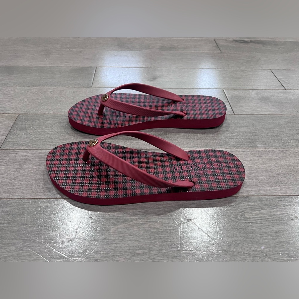 COACH Alyssa Flip Flops, Red/Black Checker with Gold Logo Accent, Size 7 - Picture 3 of 6